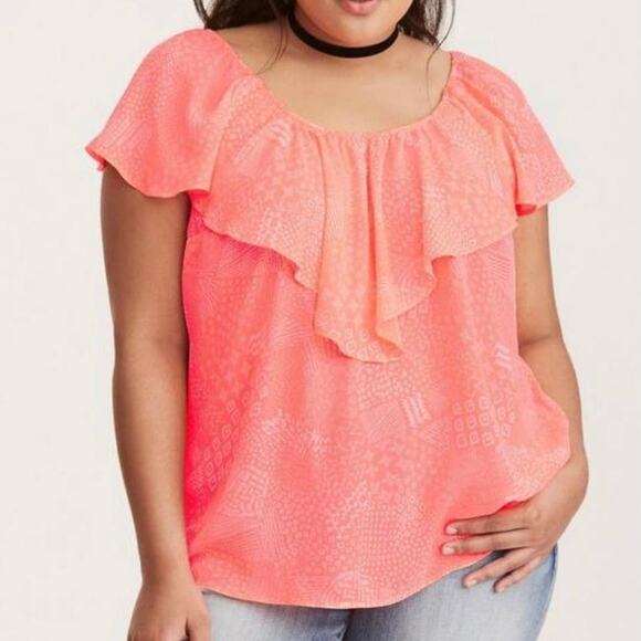 TORRID Neon Coral Georgette Ruffle Blouse Sz 00 - Picture 1 of 9